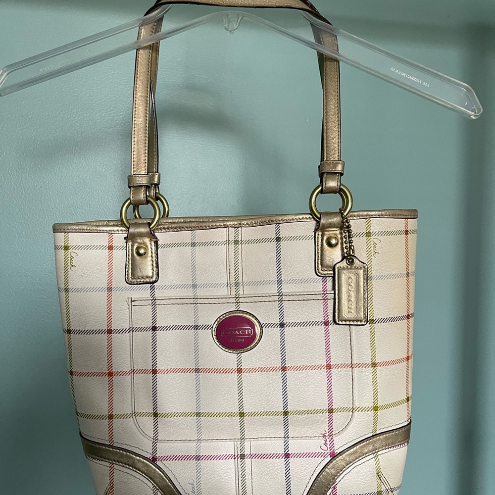 Coach cream and multicolored plaid patent leather shoulder purse